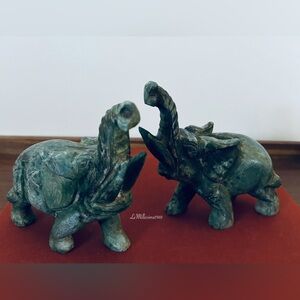 Vintage-Style Carved Serpentine Stone Elephant Figurines | Set of 2 |